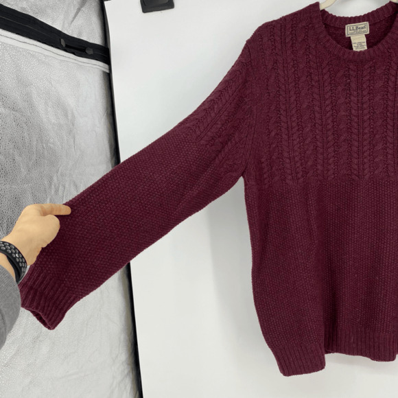 Vintage L.L. Bean Mens M Wool Sweater Crewneck Pullover Burgundy Red Cable Knit - Picture 6 of 8